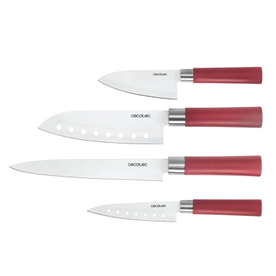 Juego de 4 cuchillos Santoku Cecotec con recubrimiento cerámico y estuche rojo vista frontal