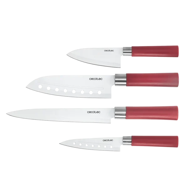 Juego de 4 cuchillos Santoku Cecotec con recubrimiento cerámico y estuche rojo vista frontal