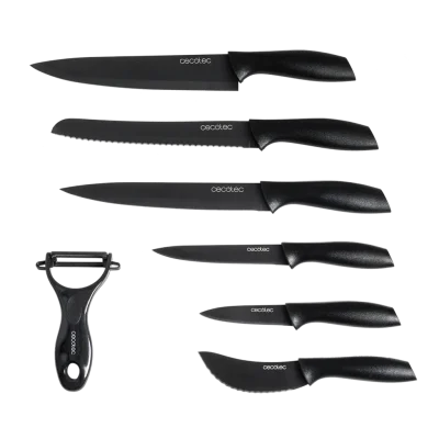 Juego de 7 cuchillos profesionales Cecotec Titanium de acero inoxidable con recubrimiento cerámico negro y estuche de presentación