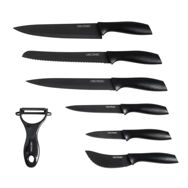 Juego de 7 cuchillos profesionales Cecotec Titanium de acero inoxidable con recubrimiento cerámico negro y estuche de presentación
