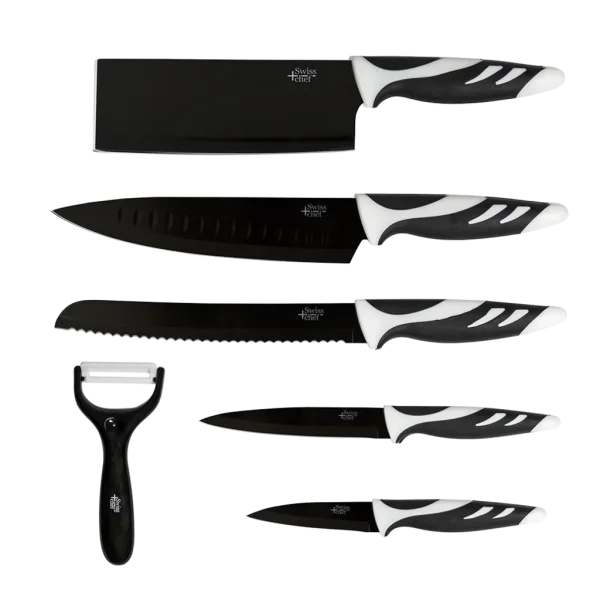Vista frontal del Set de 6 cuchillos Cecotec Swiss Chef color negro con hojas de acero inoxidable y revestimiento cerámico en su caja original