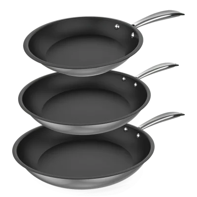 Set de tres sartenes Polka Classy de Cecotec acero inoxidable 18/10 medidas 20 24 y 28 cm con mango remachado vista frontal