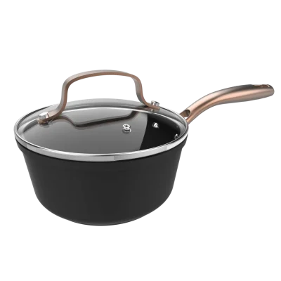 Cazo Polka Fantasy 16 Pot Golden de aluminio forjado con mango dorado y tapa de cristal sobre fondo neutro
