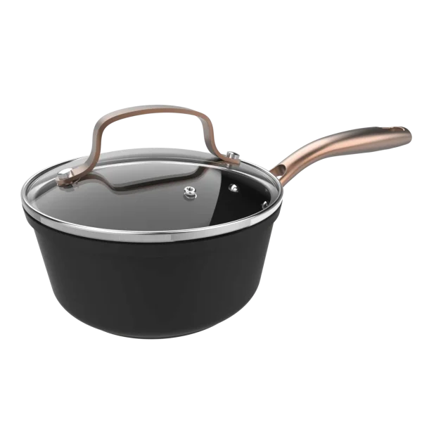 Cazo Polka Fantasy 16 Pot Golden de aluminio forjado con mango dorado y tapa de cristal sobre fondo neutro