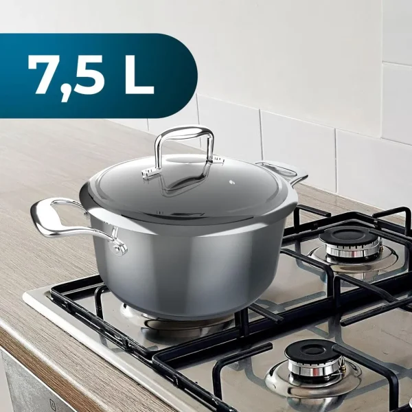 Imagen 3 Olla de acero inoxidable 18/10 de 28 cm y 7,5 L. Incluye tapa de cristal, revestimiento antiadherente y es apta para todas las cocinas, incluida inducción.