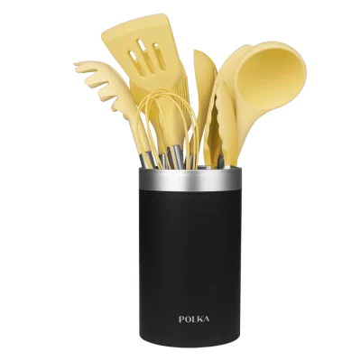 Set de utensilios de cocina Polka Experience Vulcano amarillo de 9 piezas con soporte, mangos de acero y cabezales de silicona