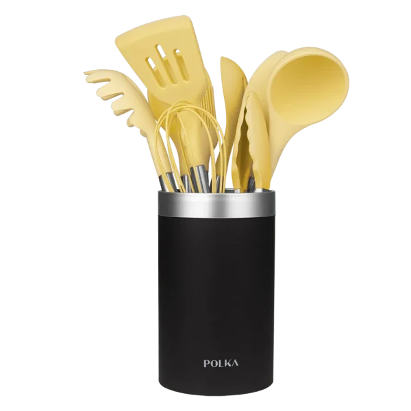 Set de utensilios de cocina Polka Experience Vulcano amarillo de 9 piezas con soporte, mangos de acero y cabezales de silicona