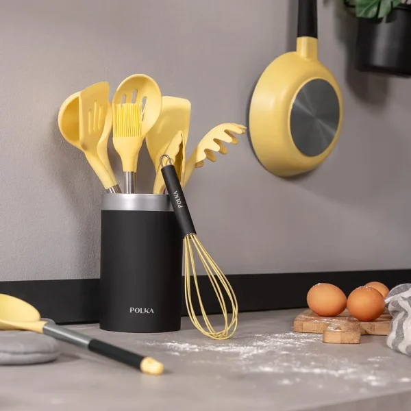 Imagen 2 Set de 9 utensilios de cocina Cecotec Polka Experience Vulcano en amarillo. Fabricados en silicona y acero con acabado Soft Touch y soporte organizador.