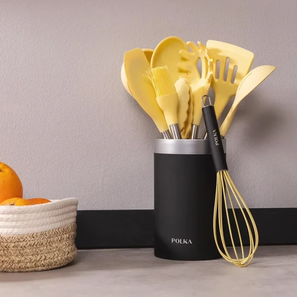 Imagen 4 Set de 9 utensilios de cocina Cecotec Polka Experience Vulcano en amarillo. Fabricados en silicona y acero con acabado Soft Touch y soporte organizador.
