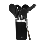 Set de utensilios de cocina Polka Excellence Force de 9 piezas negros con mango efecto madera y bote organizador