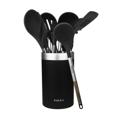 Set de utensilios de cocina Polka Excellence Force de 9 piezas negros con mango efecto madera y bote organizador