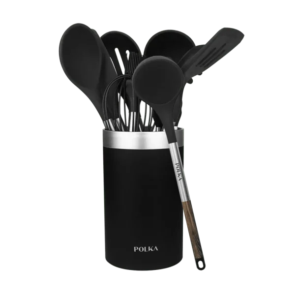 Set de utensilios de cocina Polka Excellence Force de 9 piezas negros con mango efecto madera y bote organizador
