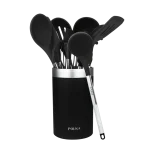 Set de 9 utensilios de cocina Cecotec Polka Exclusive Wood&Rock negros de silicona con mango de acero y soporte organizador