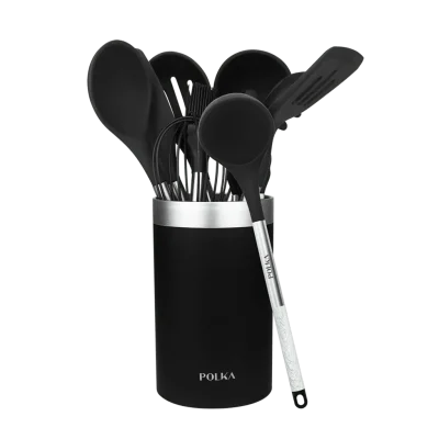 Set de 9 utensilios de cocina Cecotec Polka Exclusive Wood&Rock negros de silicona con mango de acero y soporte organizador