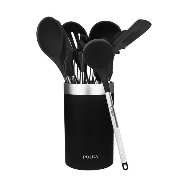 Set de 9 utensilios de cocina Cecotec Polka Exclusive Wood&Rock negros de silicona con mango de acero y soporte organizador