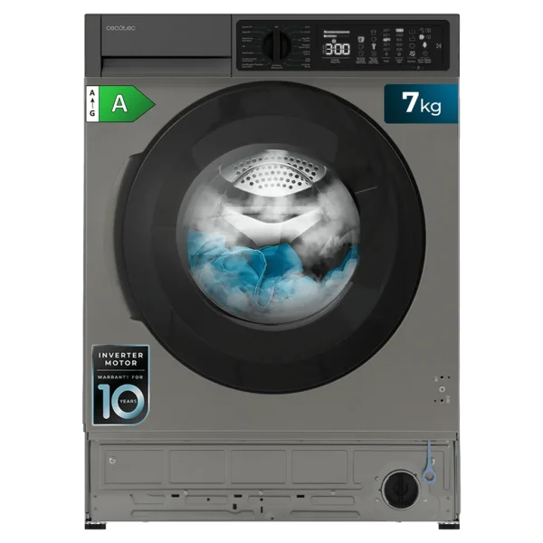 Vista frontal de la lavadora integrable Cecotec Bolero DressCode 750 BI Inverter A con panel de control y tambor de acero inoxidable
