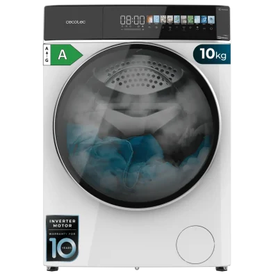 Vista frontal de la lavadora CECOTEC Bolero DressCode 10900 Autodose Inverter FullColor A blanca de 10 kg con pantalla táctil