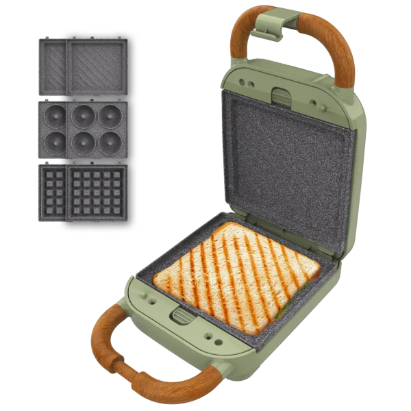 Sandwichera verde estilo retro Rock'nToast Retro One Green con placas intercambiables y acabados en acero inoxidable