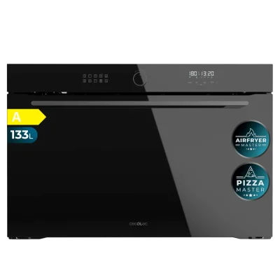 Vista frontal del horno integrable Cecotec Bolero Hexa AF319000 Glass Black de 90 cm con panel táctil y acabado en cristal negro