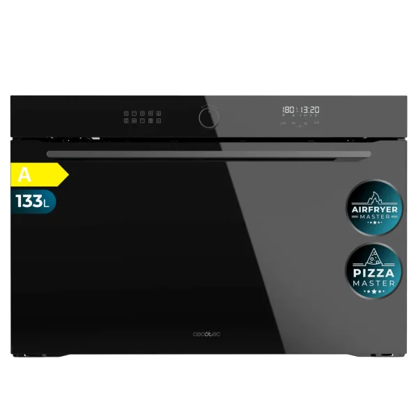 Vista frontal del horno integrable Cecotec Bolero Hexa AF319000 Glass Black de 90 cm con panel táctil y acabado en cristal negro