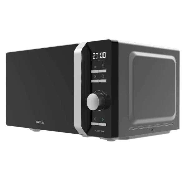 Vista frontal del microondas Cecotec ProClean 5010 Inverter de 19 litros en acero inoxidable con panel de control