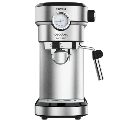 Cafetera espresso Cecotec Cafelizzia 790 Steel Pro de acero inoxidable con manómetro frontal y vaporizador orientable.