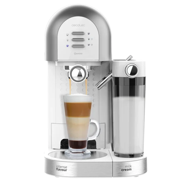Cafetera Cecotec Power Instant-ccino 20 Chic Serie Bianca en color blanco con brazo de café y depósito de leche automático.