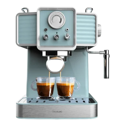 Cafetera express Cecotec Power Espresso 20 Tradizionale color azul claro con manómetro y diseño vintage
