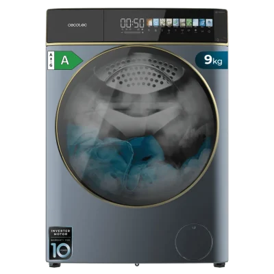 Vista frontal de la lavadora Cecotec Bolero DressCode 9900 Autodose Inverter FullColor Ice Blue A de 9 kg con pantalla táctil