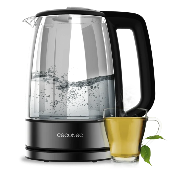 Hervidor de agua Cecotec Thermosense 340 Clear de vidrio de borosilicato transparente con luz LED azul encendida y base giratoria