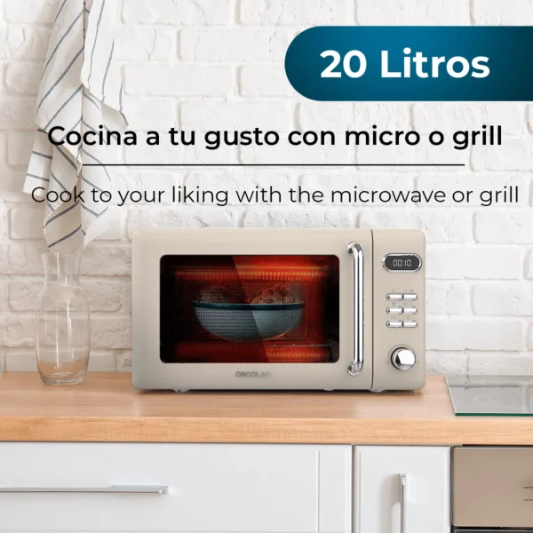 Imagen 3 Microondas digital Cecotec ProClean 5110 Retro Beige de 20 litros y 700 W. Diseño vintage con grill, panel de control intuitivo y temporizador exacto.