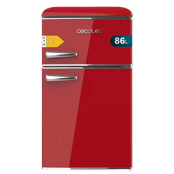 Mini frigorífico retro de dos puertas Cecotec Bolero CoolMarket 2D Origin 86 Red E en color rojo con tirador cromado