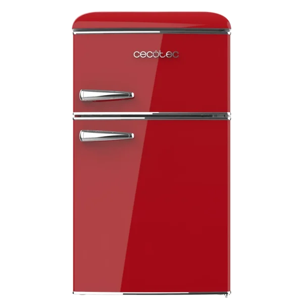 Imagen 2 Mini frigorífico retro de dos puertas Bolero CoolMarket 2D Origin 86 Red E con 86L de capacidad, eficiencia energética clase E, luz LED y tirador cromado.