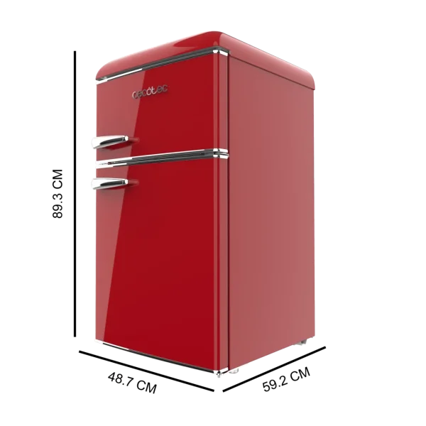 Imagen 3 Mini frigorífico retro de dos puertas Bolero CoolMarket 2D Origin 86 Red E con 86L de capacidad, eficiencia energética clase E, luz LED y tirador cromado.
