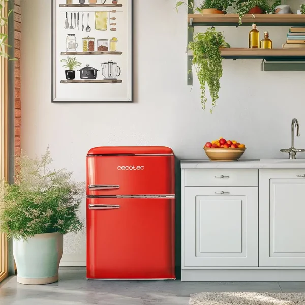 Imagen 4 Mini frigorífico retro de dos puertas Bolero CoolMarket 2D Origin 86 Red E con 86L de capacidad, eficiencia energética clase E, luz LED y tirador cromado.