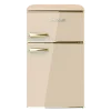 Imagen 2 Mini frigorífico retro beige de dos puertas con 86 litros de capacidad y eficiencia energética clase E. Diseño vintage con detalles en acabado cromado dorado.