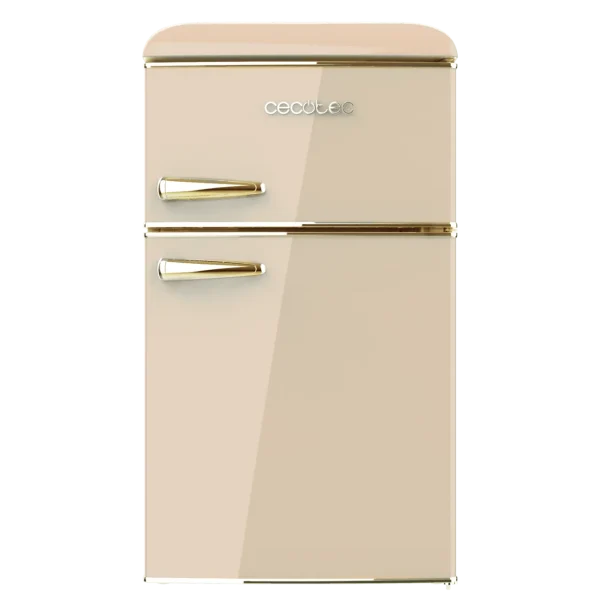 Imagen 2 Mini frigorífico retro beige de dos puertas con 86 litros de capacidad y eficiencia energética clase E. Diseño vintage con detalles en acabado cromado dorado.