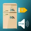 Imagen 4 Mini frigorífico retro beige de dos puertas con 86 litros de capacidad y eficiencia energética clase E. Diseño vintage con detalles en acabado cromado dorado.
