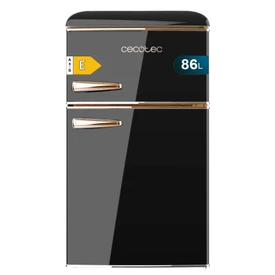 Mini frigorífico retro de dos puertas Bolero CoolMarket 2D Origin 86 Black E en color negro con tiradores oro rosa