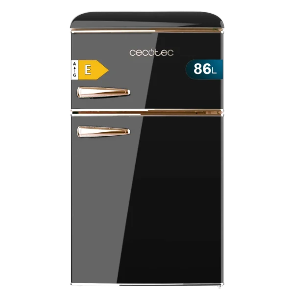 Mini frigorífico retro de dos puertas Bolero CoolMarket 2D Origin 86 Black E en color negro con tiradores oro rosa