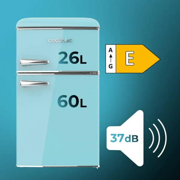 Imagen 3 Mini frigorífico retro azul Bolero CoolMarket 2D Origin 86 Blue E de 86L con diseño vintage, dos puertas, eficiencia energética clase E y acabados cromados.