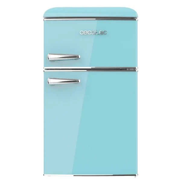 Imagen 4 Mini frigorífico retro azul Bolero CoolMarket 2D Origin 86 Blue E de 86L con diseño vintage, dos puertas, eficiencia energética clase E y acabados cromados.