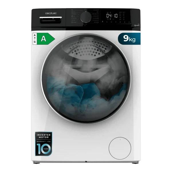 Vista frontal de la lavadora CECOTEC Bolero DressCode 9610 Inverter A en color blanco con tambor de 9 Kg