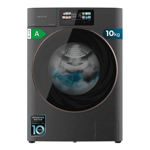 Lavadora Cecotec Bolero DressCode 10950 Autodose Inverter 3D Steel A vista frontal con pantalla de 9,2 pulgadas y puerta XXL