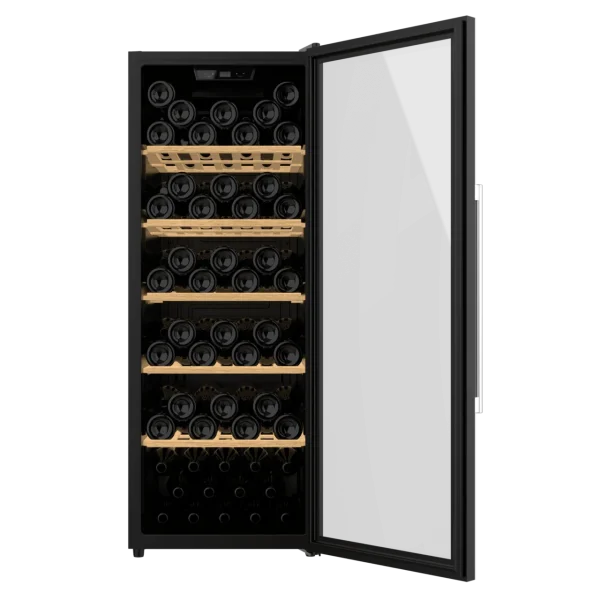Imagen 2 Vinoteca Bolero GrandSommelier 98000 Black de Cecotec para 98 botellas. Sistema de compresor silencioso, estantes de madera y control táctil. 128,5 cm de alto.