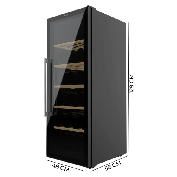 Imagen 3 Vinoteca Bolero GrandSommelier 98000 Black de Cecotec para 98 botellas. Sistema de compresor silencioso, estantes de madera y control táctil. 128,5 cm de alto.