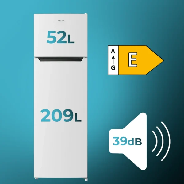 Imagen 3 Frigorífico Cecotec Bolero CoolMarket 2D 261 White E con 261 litros de capacidad, tecnología Defrost y eficiencia clase E. Diseño de dos puertas en color blanco.