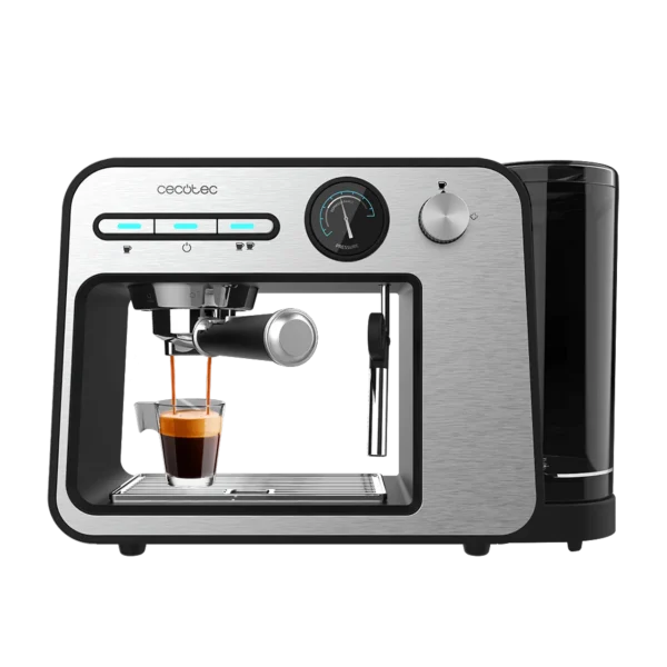 Cafetera espresso Cecotec Power Espresso 20 Square Pro en acero inoxidable con manómetro y brazo vaporizador frontal.