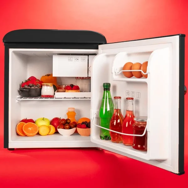 Imagen 6 Mini frigorífico retro negro de 45L con diseño vintage y eficiencia clase E. Compacto y silencioso, ideal para habitaciones, oficinas o espacios reducidos.