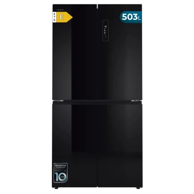 Frigorífico de cuatro puertas Cecotec Bolero CoolMarket 4D 503 Black Glass E con acabado en cristal negro y display frontal a color